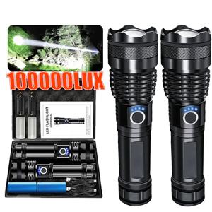 고출력 LED 손전등 슈퍼 밝은 알루미늄 합금 USB 충전식 토치(26650 배터리 포함) 사냥용 줌이 가능한 플래시 라이트