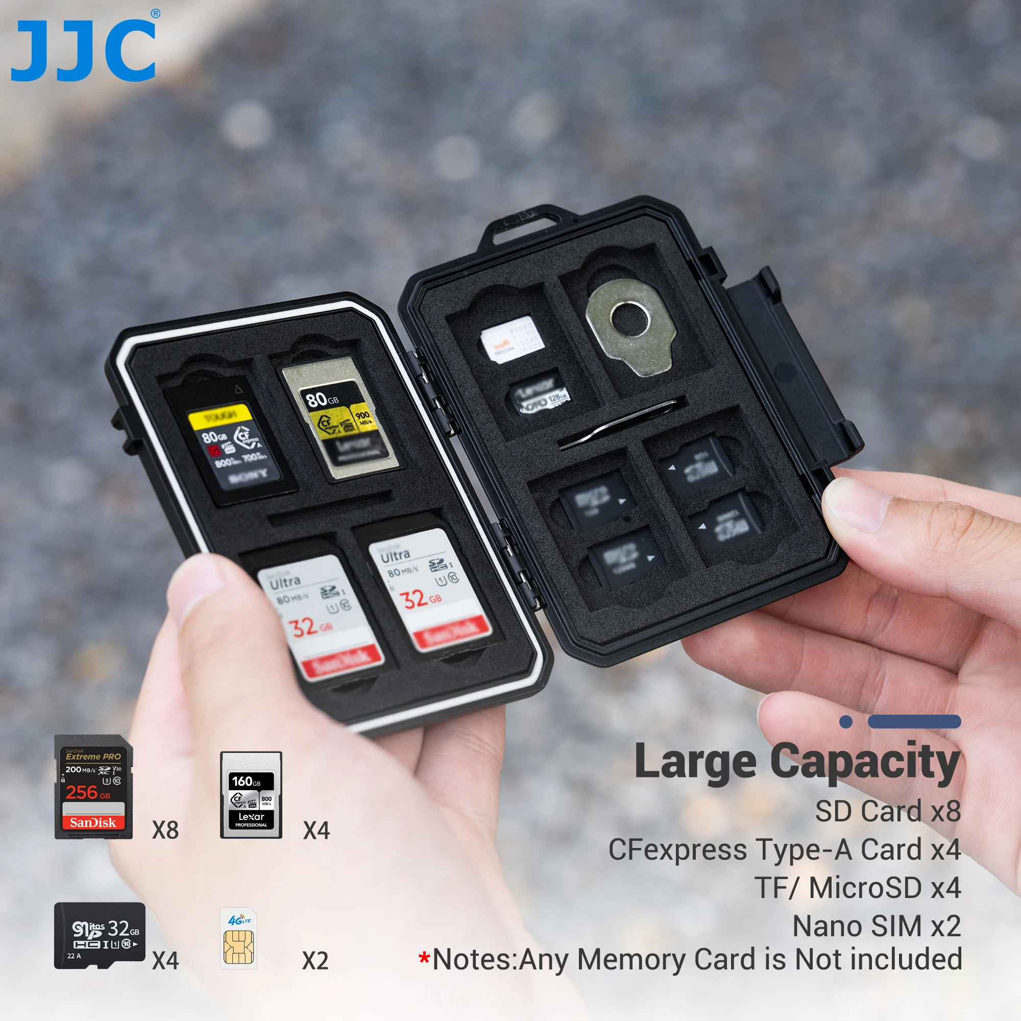 JJC 메모리 카드 케이스 홀더 (8개의 SD/SDHC/SDXC 카드, 4개의 CFexpress 타입 A 카드, 4개의 TF 카드 수납 가능) 카라비너 포함