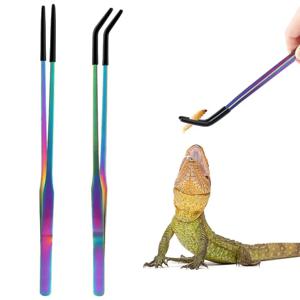고무 팁이 있는 2PCS 스테인리스 스틸 파충류 먹이 집게 테라리움 탱크 용품 직선 및 곡선 핀셋 액세서리