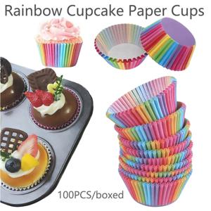 100/200/300/400PCS 레인보우 컵케익 종이컵 컵케익 라이너 베이킹 머핀 박스 컵 케이스 파티 트레이 케이크 장식 도구