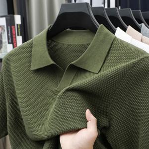 남성용 100% 면 니트 폴로 셔츠 – 반팔 V넥, 통기성 및 수분 흡수 기능이 있는 슬림핏 패션 상의