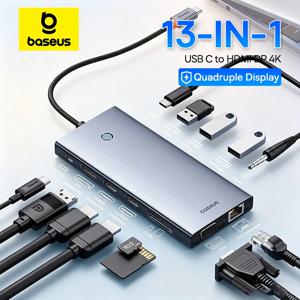 베이스어스 13-in-1 USB C 허브, 2개 HDMI 포트, 1개 DP 포트(4K@60Hz), 1개 VGA 포트(쿼드 디스플레이), USB 3.2 어댑터, RJ45, SD, TF, 3.5mm, PD 100W 타입 C 허브