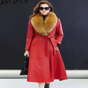 AYUNSUE 천연 양가죽 다운 재킷 여성 따뜻한 겨울 재킷 분리형 너구리 모피 칼라 롱 트렌치 코트 여성 슬림 피트