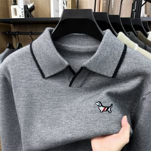 남성 명품 브랜드 자수 프린트 폴로 셔츠 가을 신상 패션 솔리드 컬러 긴팔 라펠 니트 티셔츠 비즈니스 남성복