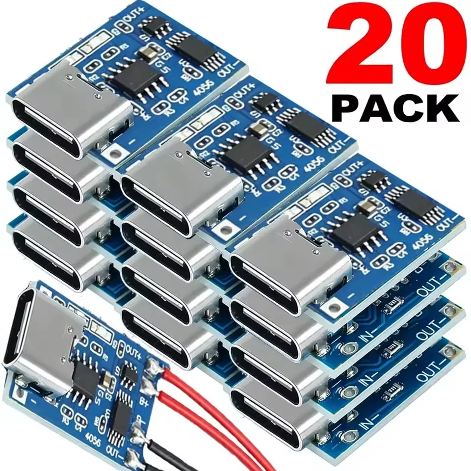 20-1개입 타입 C/마이크로 USB 충전 보드 커넥터 플러그, 18650 리튬 배터리용 USB C 5V 1A 충전 모듈 (보호 기능 포함)