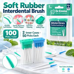 휴대용 케이스가 함께 제공되는 부드러운 고무 재질의 치간 칫솔 100개 세트, 유연한 치아 세정 스틱, 민트 그린/블루 색상