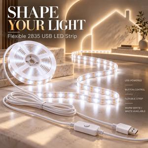 다용도 LED 스트립 조명, USB 버튼 스위치, 절단 가능, 강력 접착, 식탁 옆장, 수납장, 집안 분위기 연출에 적합