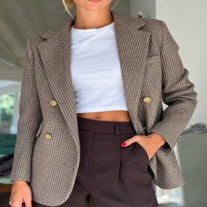 여성용 체크무늬 블레이저, 더블 브레스트, 랩 스타일, 긴 소매, 정장 재킷, 빈티지 스타일, 금색 단추, 루즈핏, 오피스 캐주얼