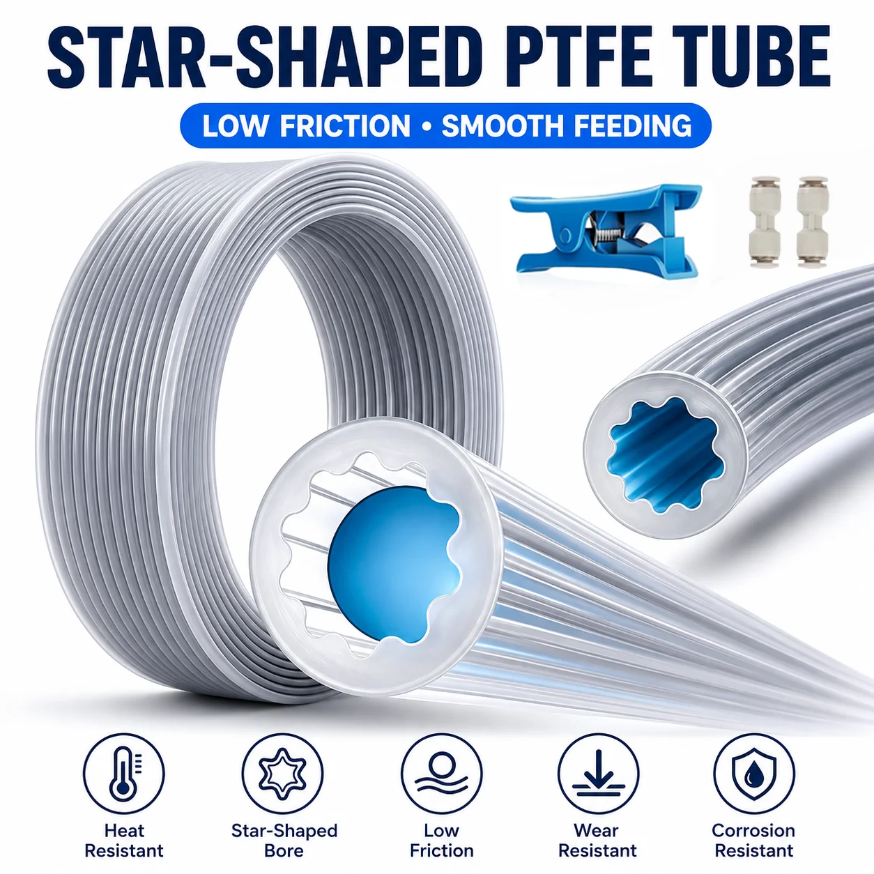 업그레이드된 PTFE 튜브, 별 모양의 저항이 낮은 2개의 커플러, Bambu Lab X1/X1C/P1P/P1S/A1/A1 Mini FDM 3D 프린터용 튜브 절단기