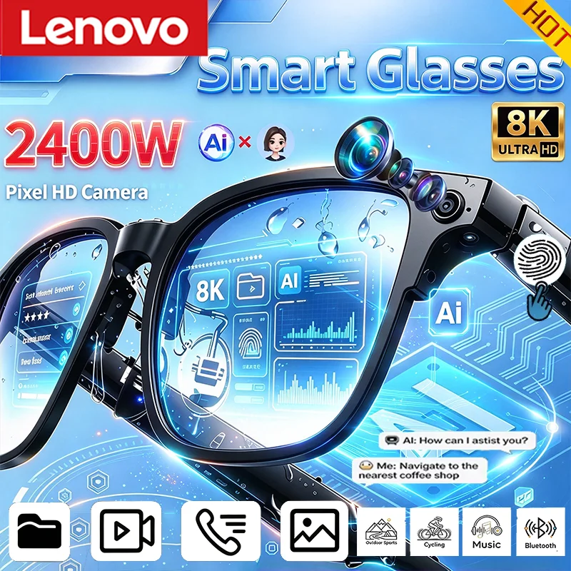 Lenovo AI 녹음 스마트 안경, 블루투스 안경, AI 언어 번역 기능, 핸즈프리 통화, 음성 어시스턴트, 2400W HD 카메라, 선글라스