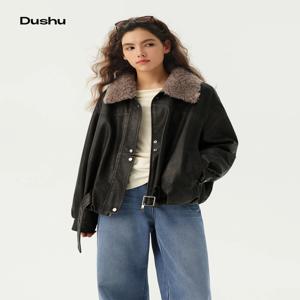 두슈(DUSHU) 미국 빈티지 스타일의 바이크 재킷, 여성용 워싱 처리된 PU 가죽 소재, 탈부착 가능한 안감, 겨울용 아우터, 따뜻함