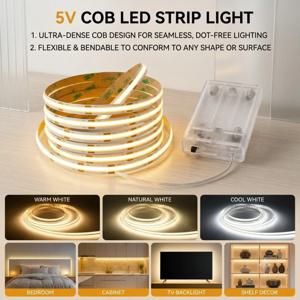 8mm PCB COB LED 스트립 DC5V 3AA 배터리 구동 320LED/M 따뜻한 자연광/차가운 백색 플렉시블 테이프 (캐비닛, TV, 침실 백라이트용)