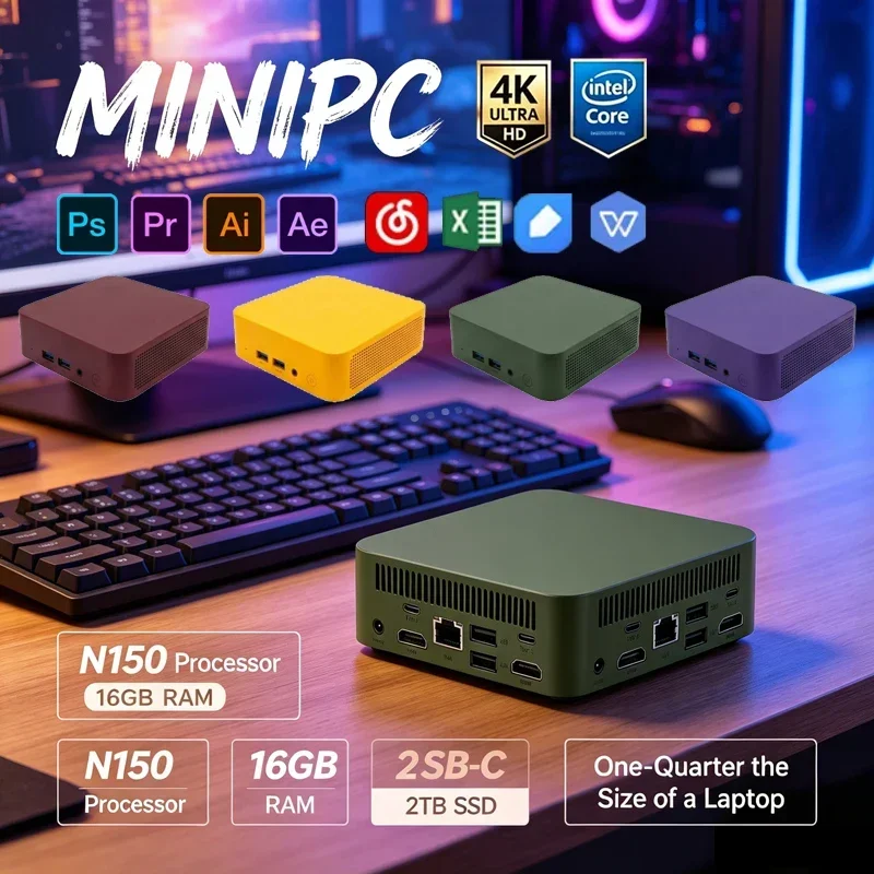 인텔 코어 N150 미니 포켓 PC, 16GB RAM, 2TB NVMe SSD, Windows 11 Pro, Wi-Fi 6, 블루투스 5.2, 4K UHD, 가정용 및 간단한 게임용으로 적합한 워크스테이션.