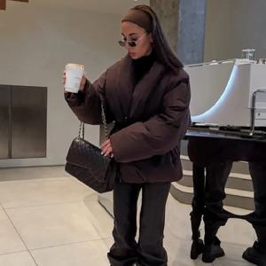 오버사이즈 여성용 패딩 코트, V넥, 넉넉한 핏, 박쥐 소매, 허리 라인을 강조하는 디자인, 레이스업, 우아한 스타일, 겨울용, 야외 활동에 적합, 따뜻하고 두꺼운 면 소재 재킷