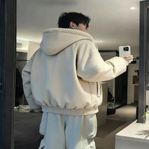 남성용 다운 코튼 재킷 겨울 따뜻한 플리스 안감 후드 코트 아메리칸 스타일 퍼 칼라 마운틴 이글 PU 가죽 재킷
