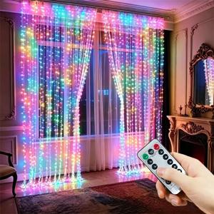LED 커튼형 스트링 조명, 8가지 모드, USB 플러그 방식, 리모컨 포함, 파티용, 침실, 결혼식, 크리스마스 장식용