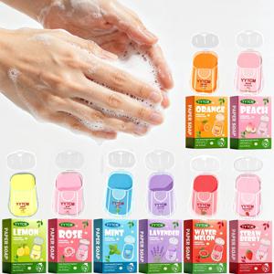 딸기 향, 수박 향, 라벤더 향이 나는 휴대용 비누 시트, 손으로 씻을 수 있는 종이 비누, 야외 여행용 일회용 세정 비누 시트, 50장/박스