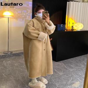 Lautaro 여성용 긴 루즈 캐주얼 방풍 두꺼운 따뜻한 인조 양가죽 코트, 오버사이즈 푹신한 양가죽 오버코트 2023, 겨울