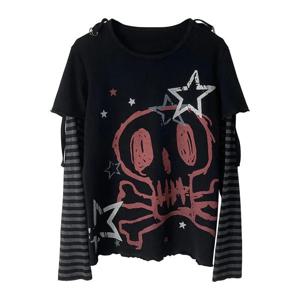 그런지 Y2k 미적 티셔츠 Emo 장면 해골 어두운 그래픽 긴 소매 티셔츠 여성 펑크 만화 하라주쿠 티 카와이 탑