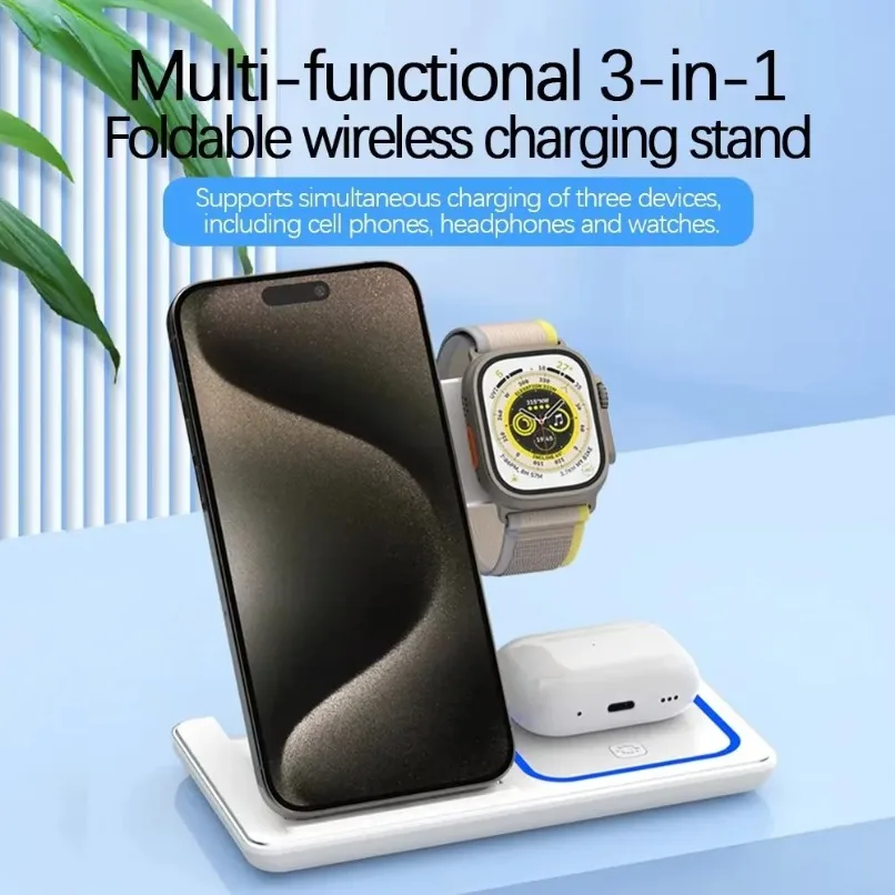 3 in 1 접이식 무선 충전 스탠드 (MagSafe 호환 iPhone 17, 16, 15, 14, Apple Watch Ultra, AirPods Pro 2 고속 충전)