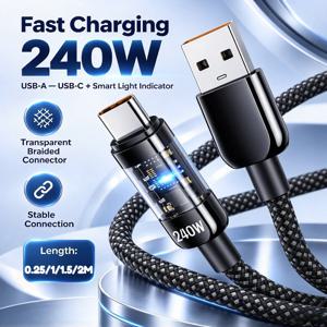 삼성, 샤오미, 화웨이, 아너 기기용 240W 나일론 USB Type-C 초고속 충전 케이블, LED 디지털 디스플레이 USB C 충전 및 데이터 전송 케이블