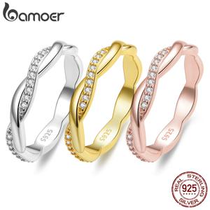 BAMOER 925 스털링 실버 심플 트위스트 로프 링, 18K 골드 도금 큐빅 지르코니아 이터니티 밴드 여성용 약혼 반지