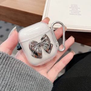 Apple AirPods 1/2 4 2024세대 Bluetooth 이어폰 케이스 Pro3세대 Apple 이어폰 케이스에 적합한 반짝이는 핑크색 리본