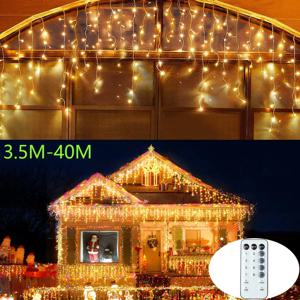 3.5M-40M LED 고드름 커튼 문자열 요정 조명 화환 야외 크리스마스 조명 새해 생일 웨딩 거리 휴일 장식