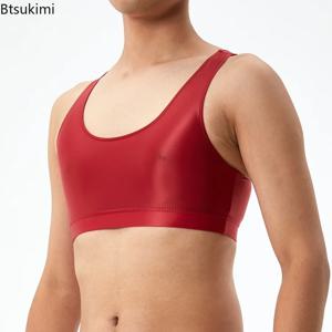 섹시한 남성용 짐 베스트 광택 실키 민소매 레이서백 탱크탑 솔리드 스키니 엘라스틱 스무스 스포츠 탑 보디빌딩 머슬 베스트