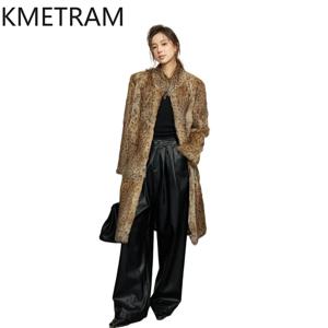 KMETRAM 리얼 래빗 퍼 코트 여성용 2026 레트로 레오파드 프린트 겨울 자켓 여성용 젊은 감각의 롱 퍼 코트 퍼 아우터 (여성용 퍼 코트)