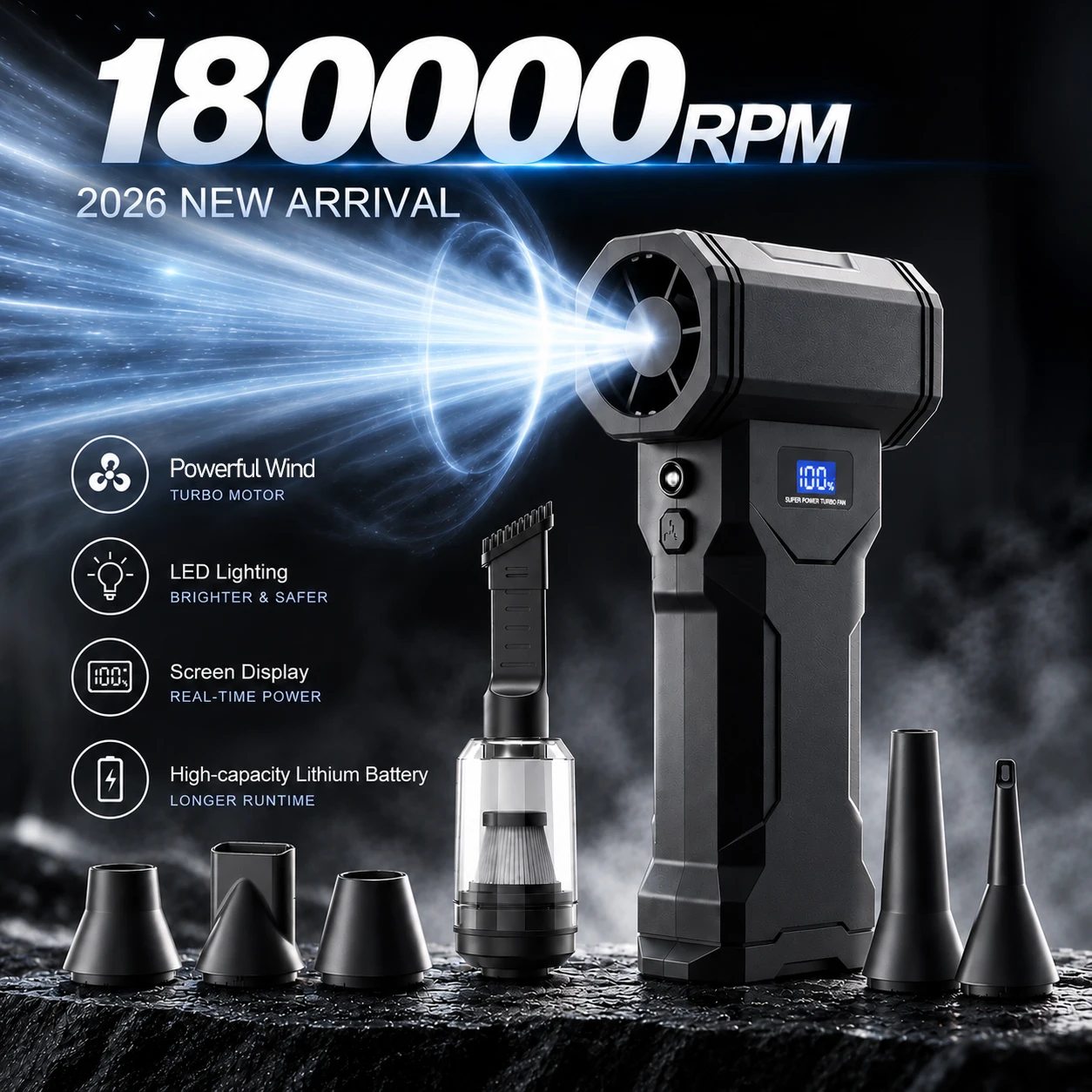 휴대용 터보 에어 블로워, 180,000RPM 고속 브러시리스 무선 핸드헬드 제트 팬. 자동차, 눈, 컴퓨터 청소에 적합.