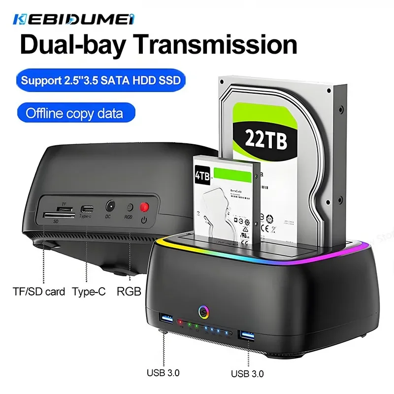 KEBIDUMEI 듀얼 베이 RGB HDD 도킹 스테이션 SATA-USB 3.0 어댑터(2.5/3.5인치 HDD 케이스용) 오프라인 클론 하드 드라이브 인클로저