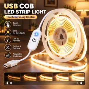 5V USB COB 선형 LED 스트립 조명, 터치 방식으로 밝기 조절 가능, 자가 접착식, 유연한 디자인으로 TV 배경, 옷장, 실내 장식용으로 적합, DIY 분위기 조명으로 사용 가능