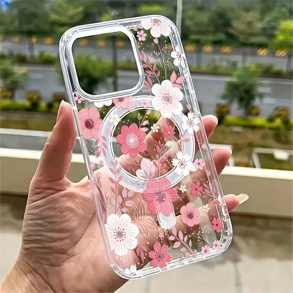 야생화 무늬 투명 폰 케이스 (아이폰 17, 16, 15, 14, 13, 12, 11 Pro Max Plus, 16e, 17Air, 맥세이프 무선 충전 호환)