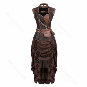 여성용 해적 의상 해적 드레스 Drawstring 스커트와 펑크 가죽 코르셋 탑 브라운 Steampunk 코르셋 드레스 플러스 사이즈