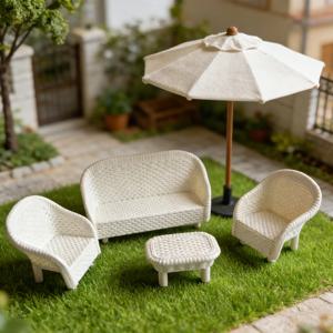 4 PCS 미니어처 화이트 위커 티 테이블 & 의자 세트 인형의 집 가구 침실 요정 정원 장식용 미니 풍경 소품
