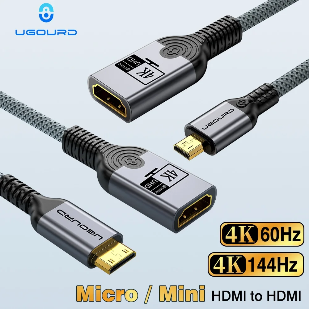 UGOURD 미니 및 마이크로 HDMI-HDMI 암 연장 케이블 0.2M 4K 144Hz 60Hz 마이크로HDMI 어댑터 코드 카메라용 미니HDMI 변환기