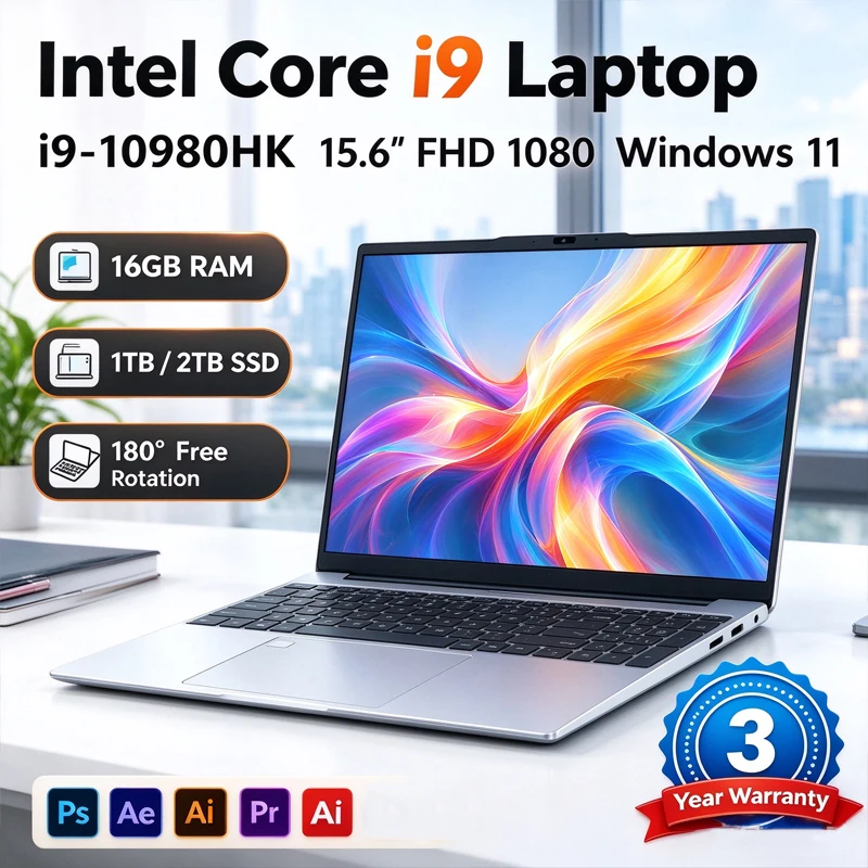 휴대용 노트북, 15.6인치, Windows 11, Intel Core i9-10980HK/i3-6100U 프로세서, 16GB RAM, 1TB SSD, 사전 설치된 오피스 프로그램, 지문 인식 잠금 해제 기능.