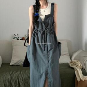 여성 멜빵 원피스 캐주얼 끈나시 원피스 루즈핏 점프슈트 기질 빈티지 카고 멜빵 원피스