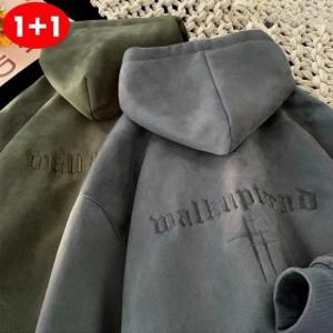 HANSHIN 1+1 남성 두꺼운 후드 맨투맨 빅사이즈 롱 후드티 오버핏 긴팔 티셔츠 코트 데일리