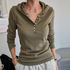 (S~XL) 후드포인트 버튼넥 티셔츠 KO11-T-07