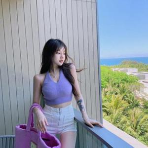 나시 끈나시 여자 휴양지 니트 백리스 크롭티 홀터넥