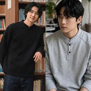 가을 봄 남성 단추 긴팔 티셔츠 무지 헨리넥티셔츠 그레이 롱슬리브