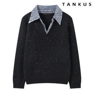 택가 99,000원 [탱커스] 캐주얼 오픈 카라 배색 데님 긴팔 니트 (TY4KP010L0)