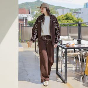 [핑크시슬리] SET/레아 피치기모 자수 후드집업 와이드 트레이닝세트