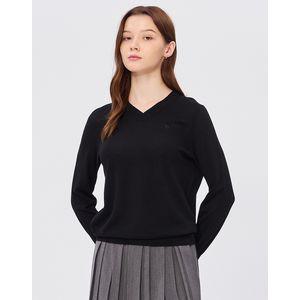 헤지스레이디스 여성 블랙 로고자수 울100% 브이넥 스웨터 WSSW4D8C2BK