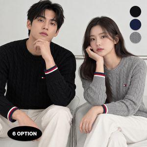 타미힐피거 크루넥 케이블 니트 남여공용 소매 로고 포인트
