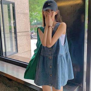 [드레스날다]가리아 브이넥 민소매 레이어드 데님 미니원피스
