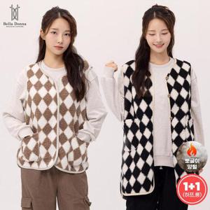 1+1 벨라도나 간절기 여성 아가일 뽀글이 양털조끼 하프/롱 2기장 선택 Bon-2599