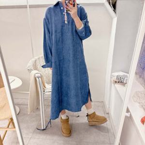 보블리에 / 블루 코듀로이 루즈핏 카라 원피스